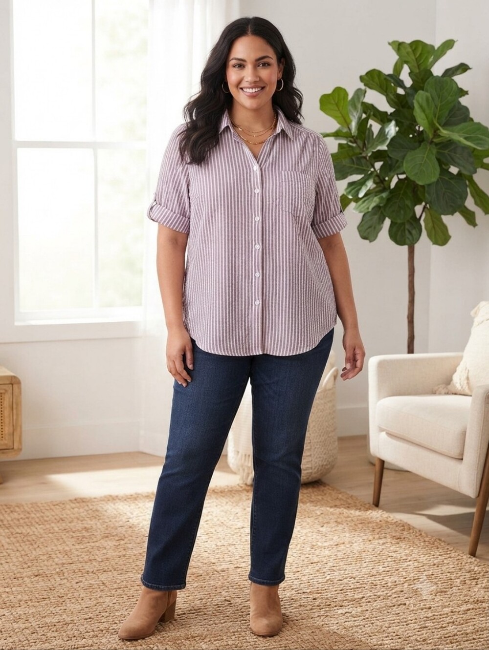 Woman Within Lavender and White Striped Casual Seersucker Button-Down Shirt